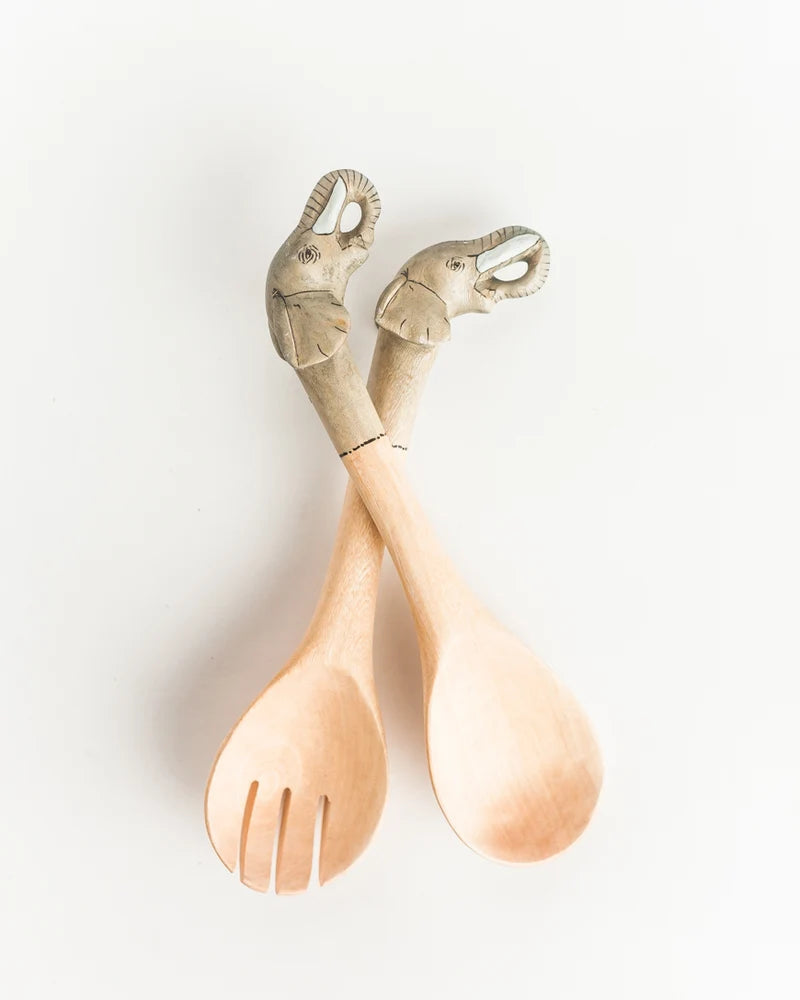 Hand-Carved Wood Elephant Salad Servers