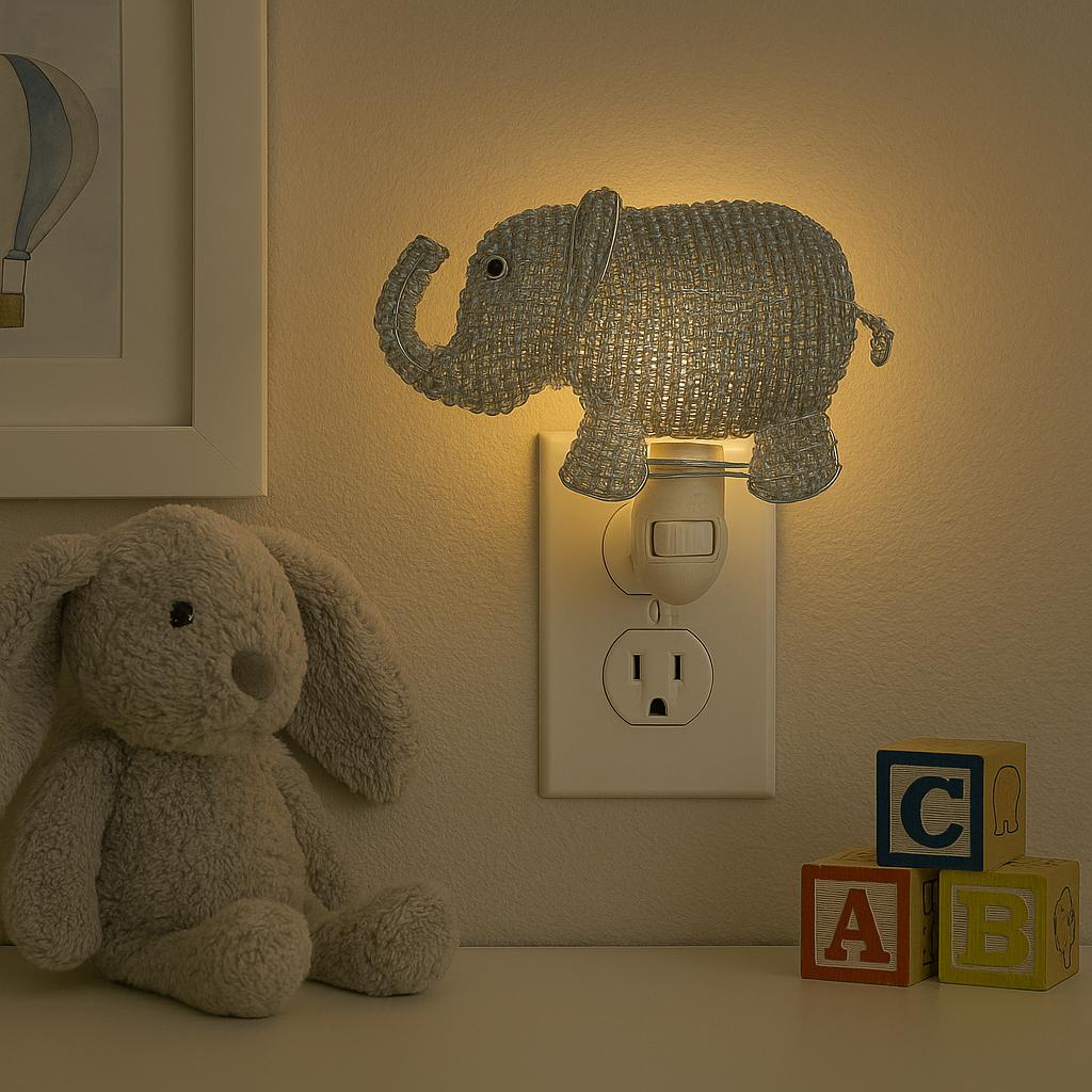 Decorative elephant night light on a wall with a teddy bear and alphabet blocks in the foreground.