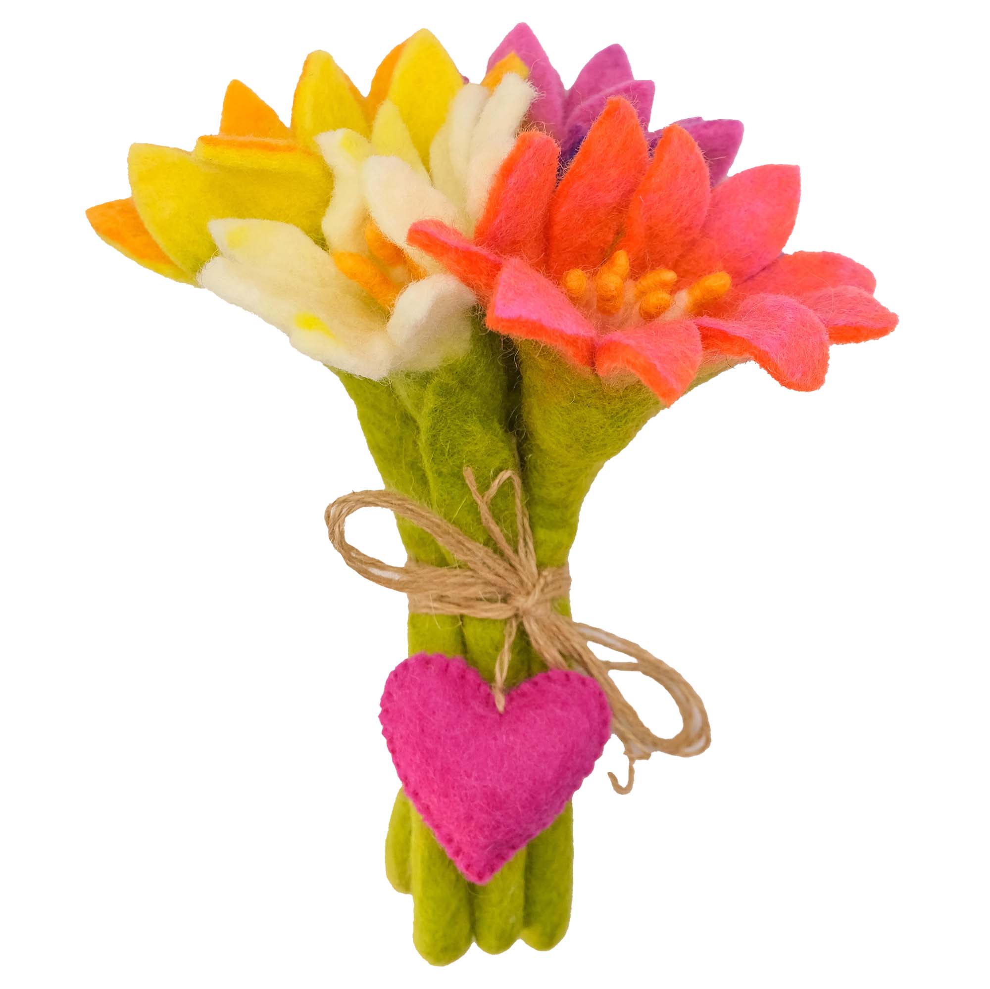 Colorful felt flowers tied together with a pink heart on a white background