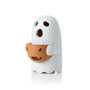 A white ghost-shaped ceramic candle lantern with a terracotta orange jack-o'-lantern basket, shown on a clean white background.
