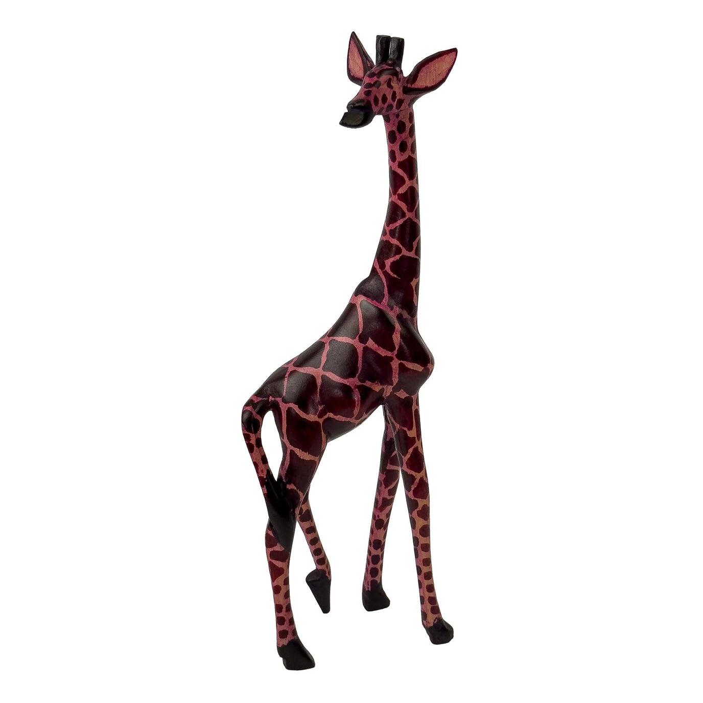 Giraffe sculpture with red and black pattern on a white background