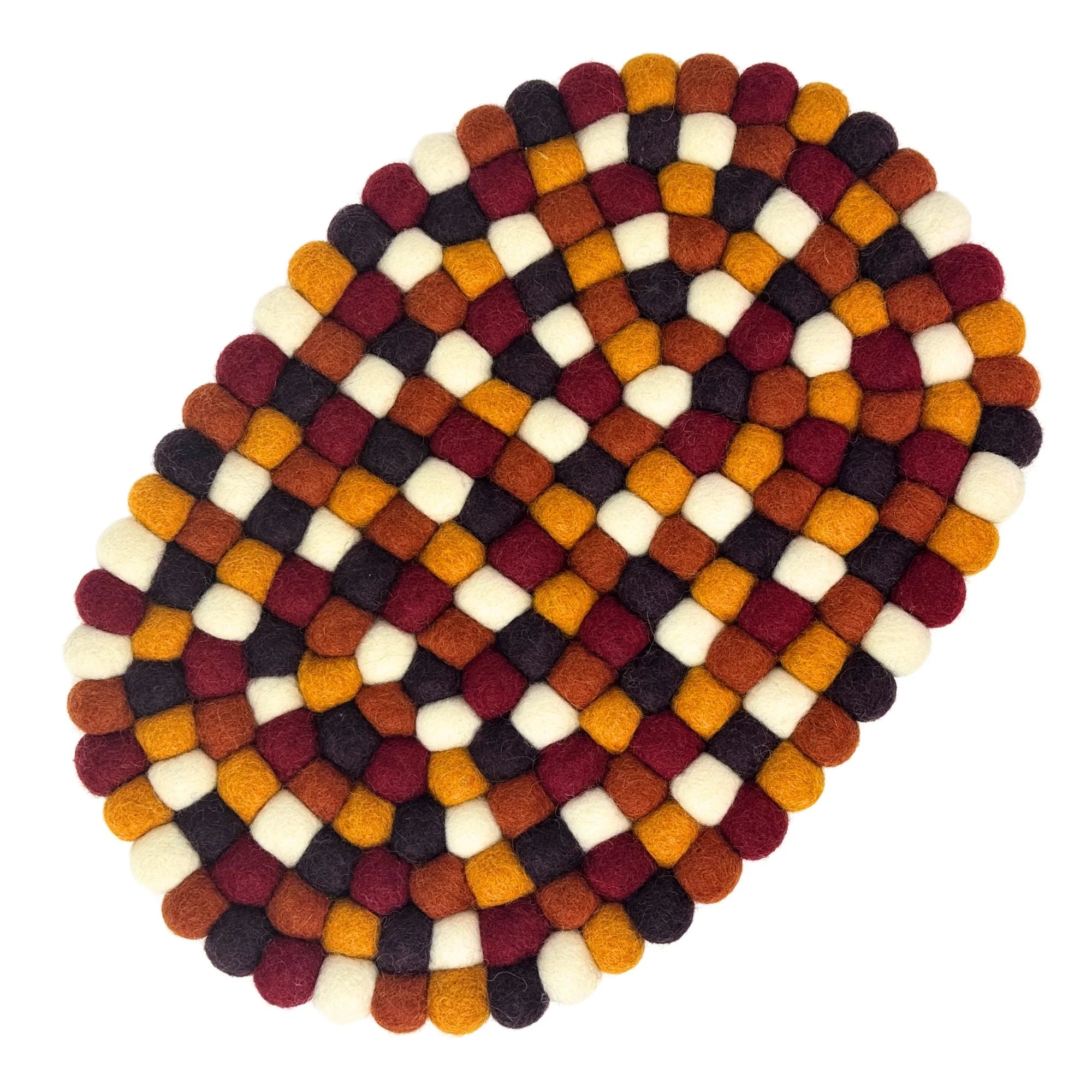 Round felt trivet with a pattern in autumn colors on a white background
