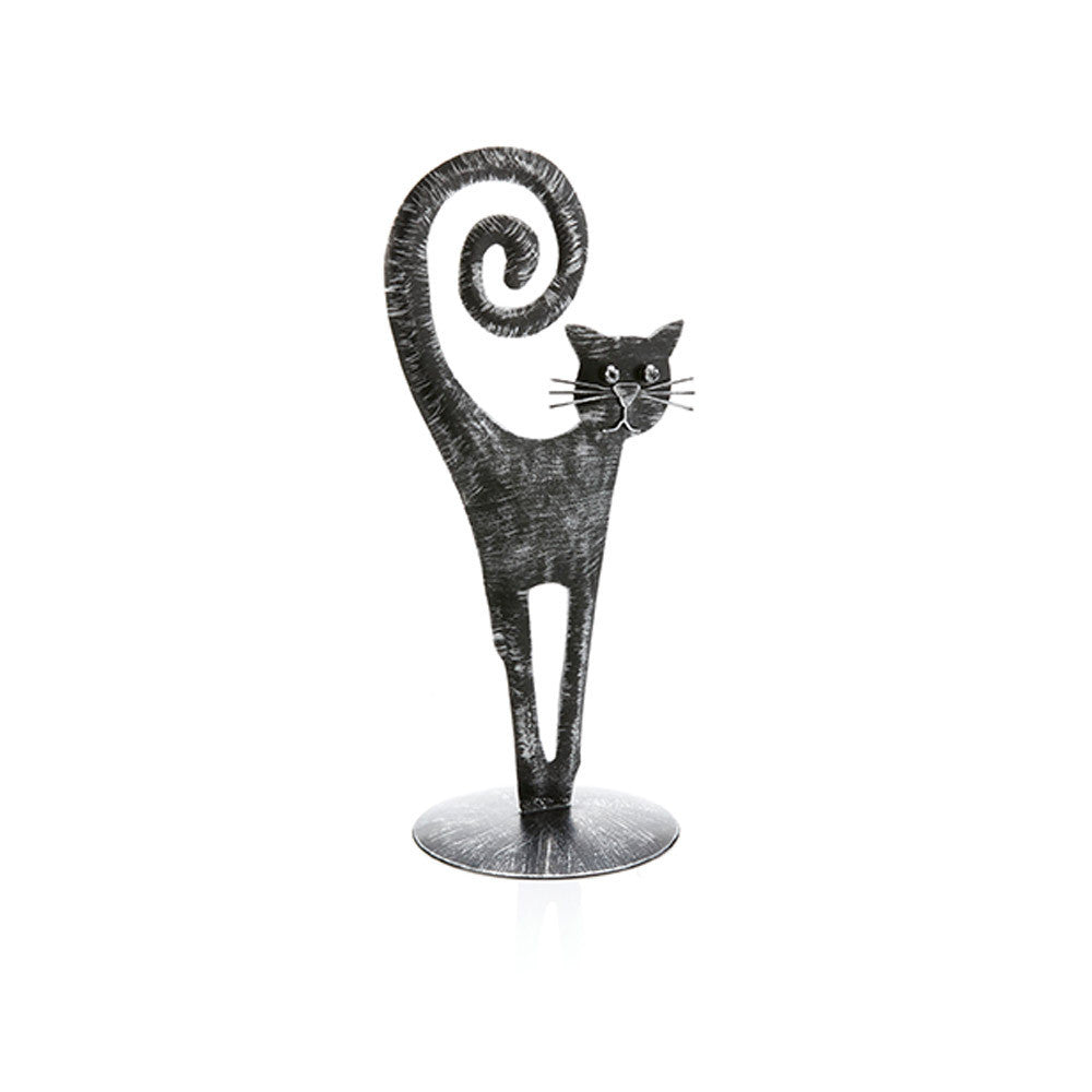 A black metal cat figurine standing on a round base, with its tail curled upward in a spiral, shown against a plain white background.