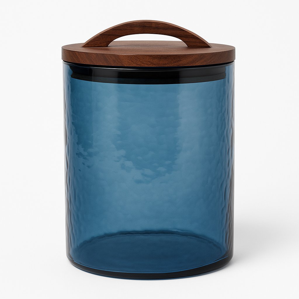 Blue glass jar with a wooden lid on a white background