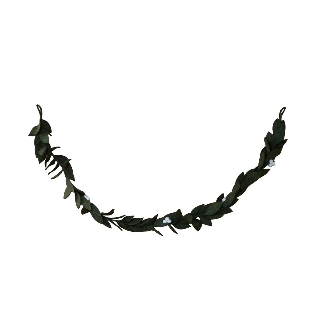 Green felt garland on a white background