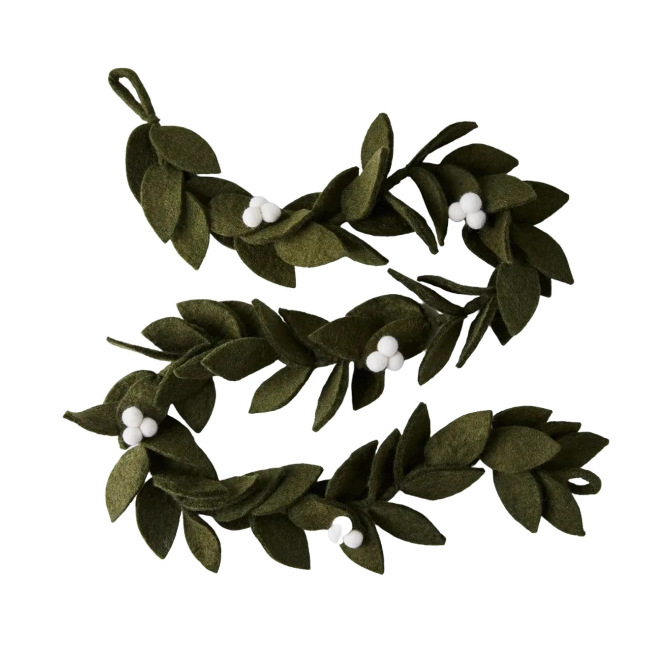 Wool green mistletoe design garland with white felt berries displayed against a white background