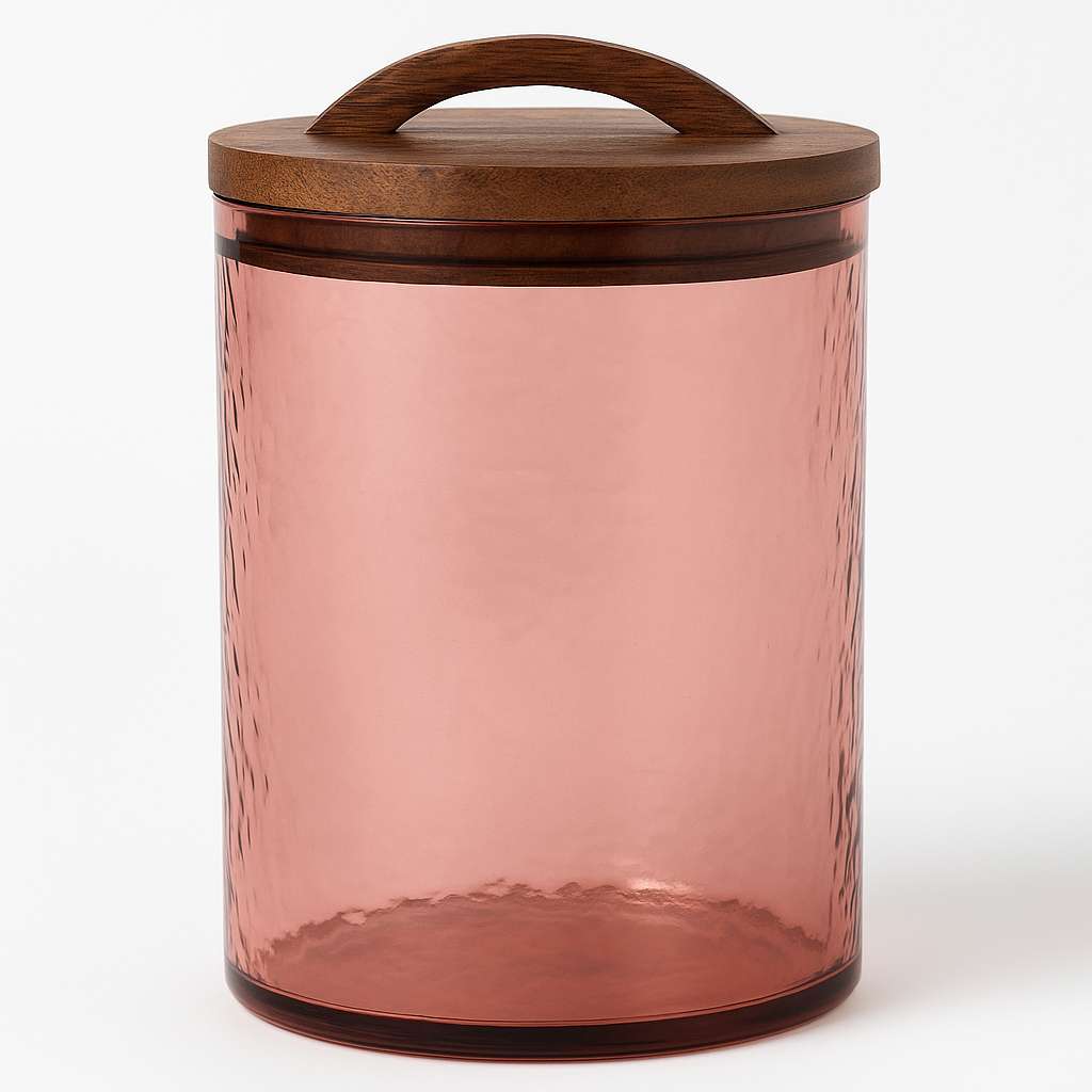 Pink glass jar with a wooden lid on a white background