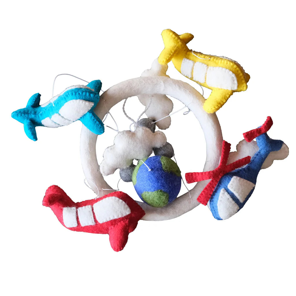 Colorful felt airplane mobile with clouds and a globe on a white background