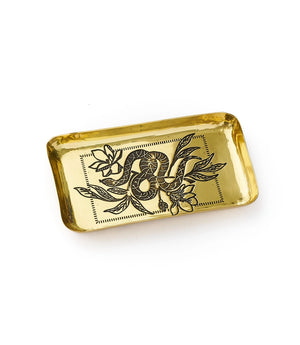 Gold decorative tray with snake and floral design on a white background