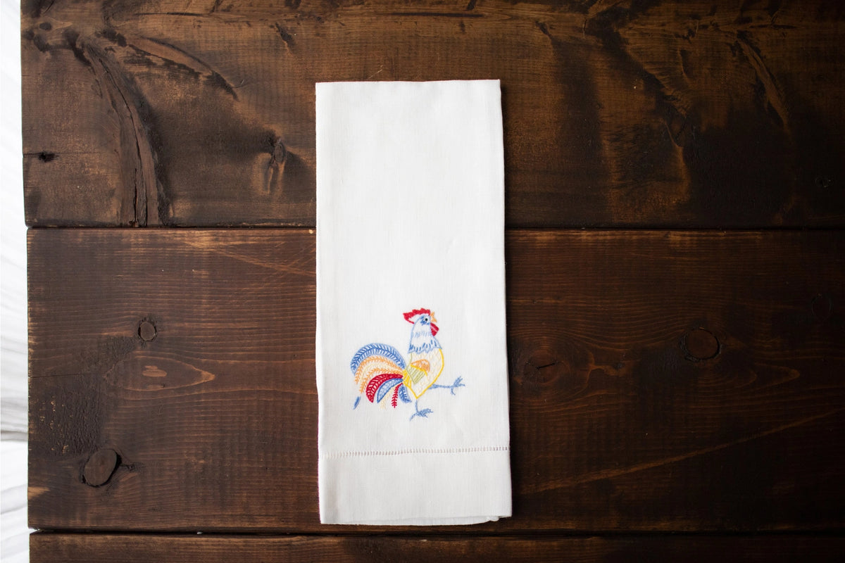 Rooster Embroidered Linen Tea Towel