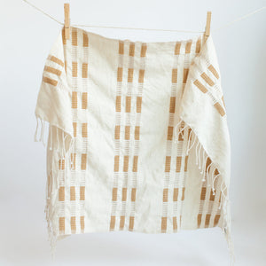 Plaid hand towel with fringe hanging on a clothesline against a white background