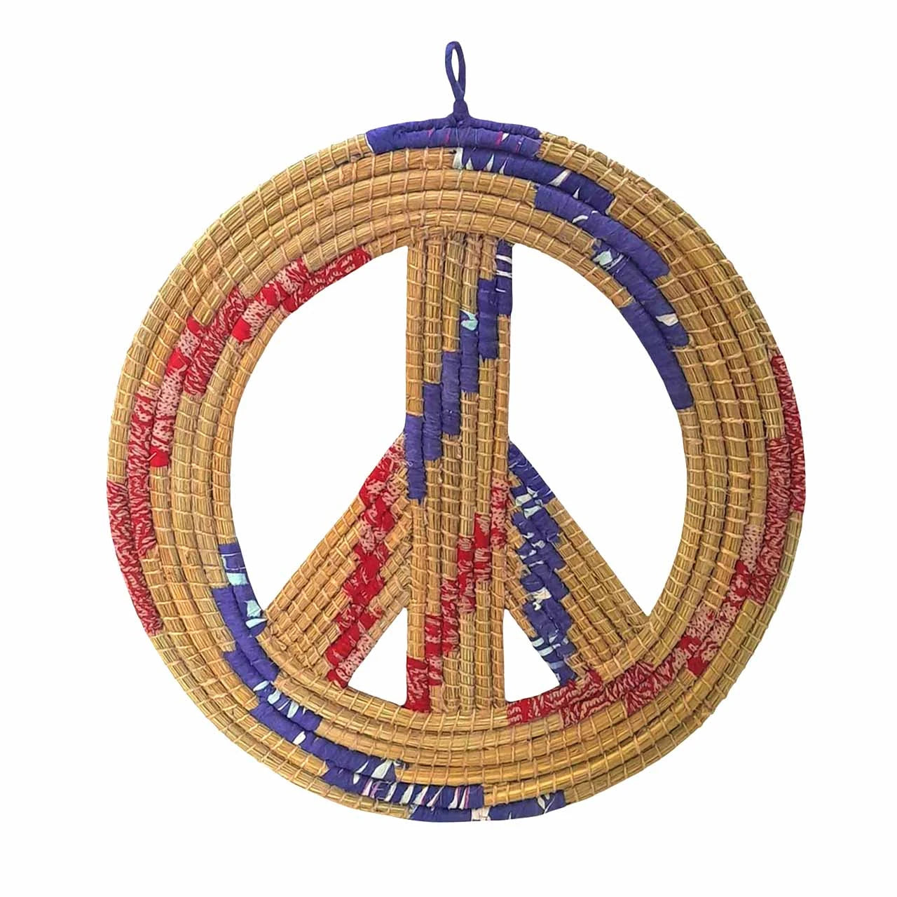 Woven peace symbol with red and blue accents on a white background