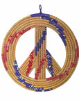 Woven peace symbol with red and blue accents on a white background