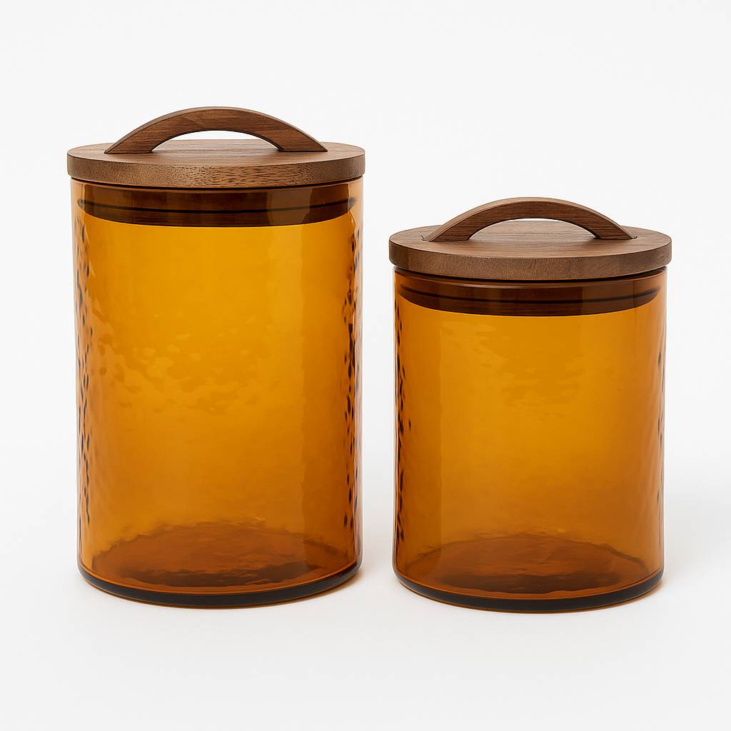 Large Hammered Recycled Glass Canister with Carved Wood Lid