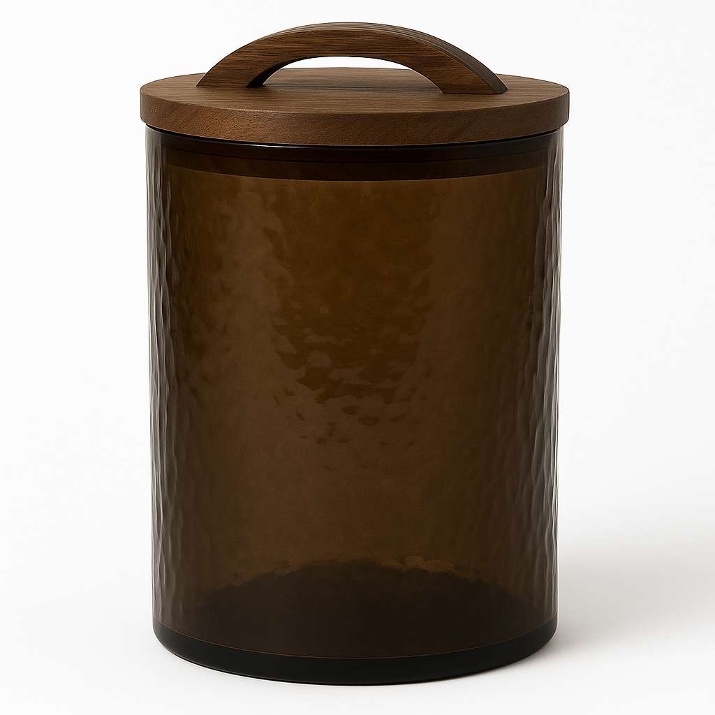 Brown glass canister with wooden lid on a white background