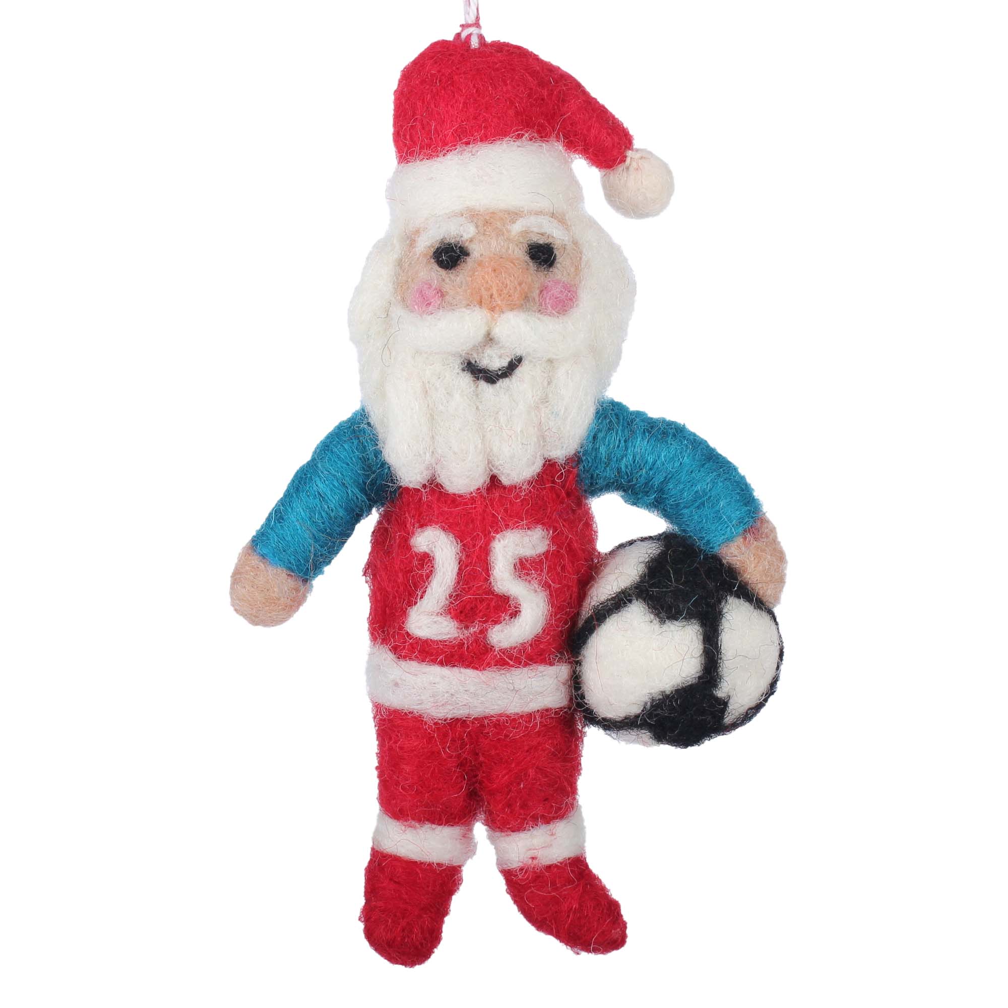 Felted Santa Claus ornament with a soccer ball on a white background