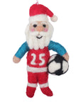 Felted Santa Claus ornament with a soccer ball on a white background