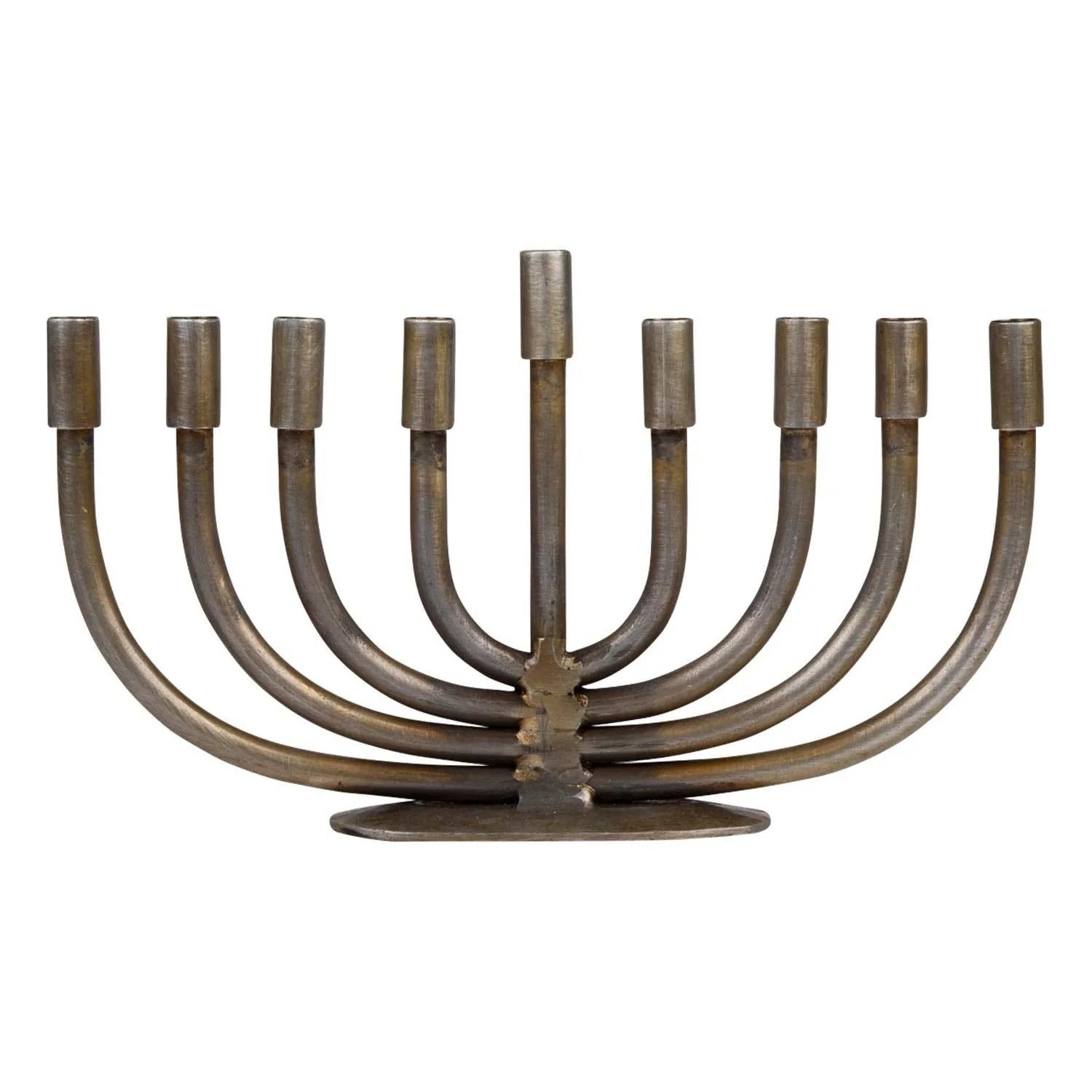 Iron menorah with eight candles on a white background