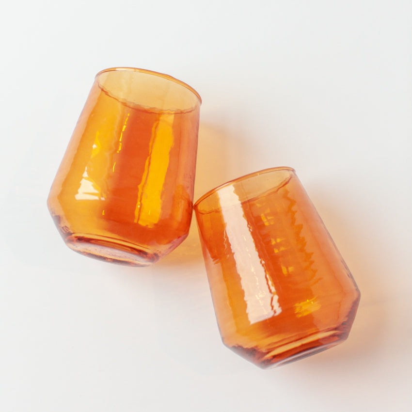 Handblown Hammered Amber Drinking Glass - Set of 4