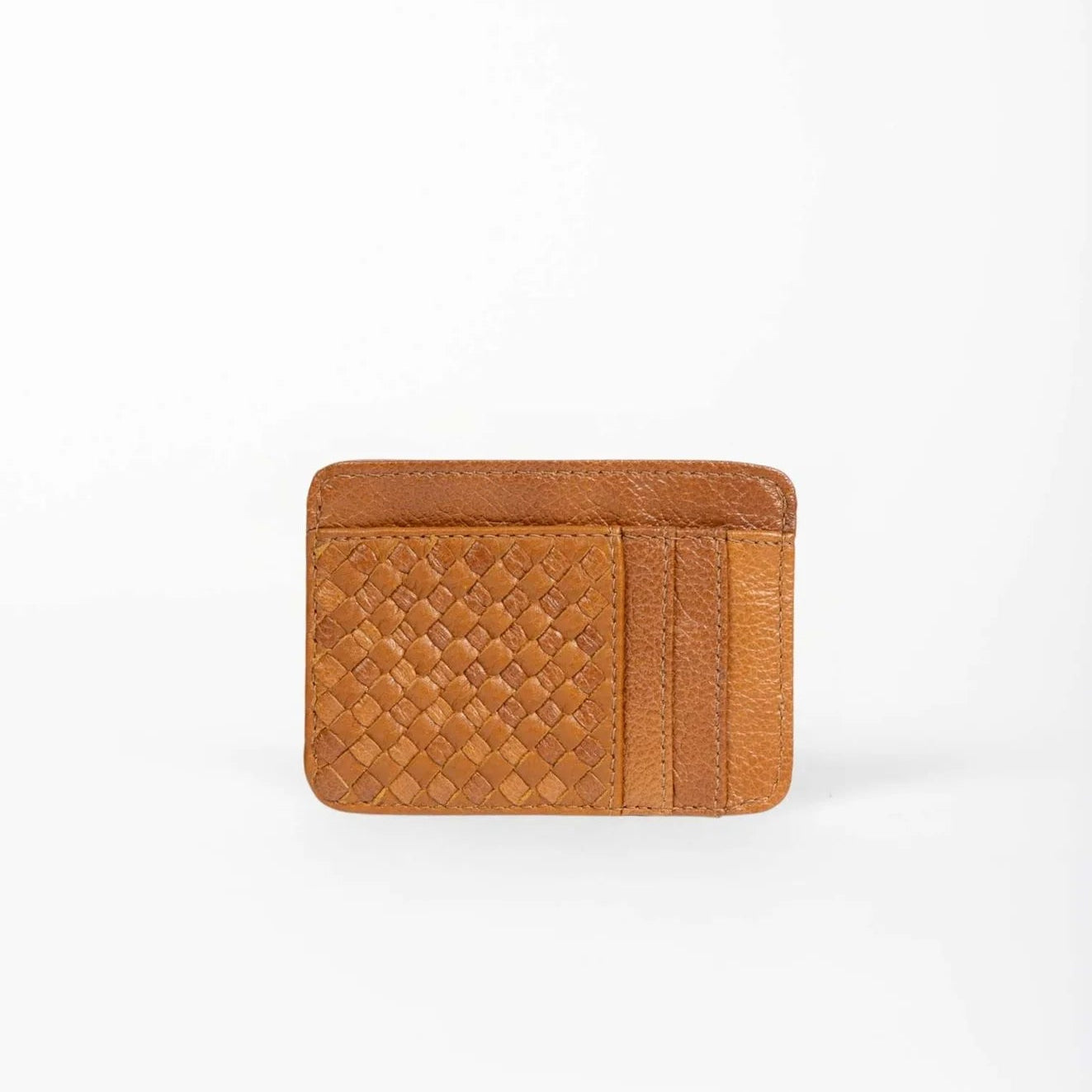 Brown woven leather cardholder on a white background