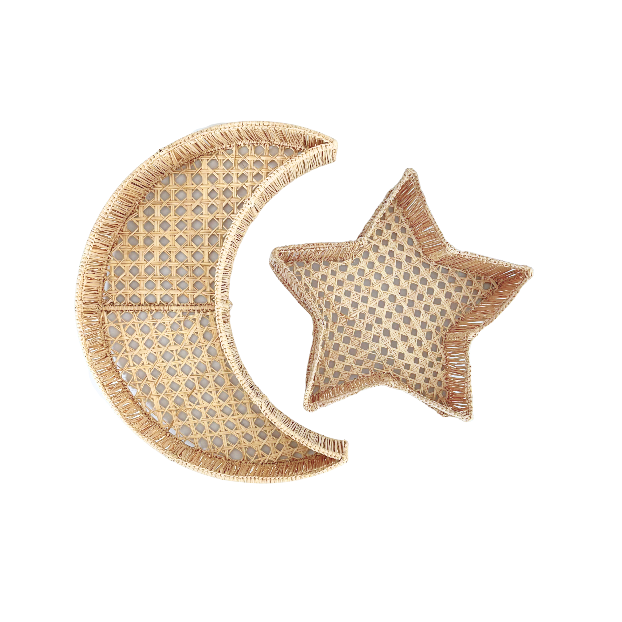 Woven moon and star-shaped decorative trays on a white background