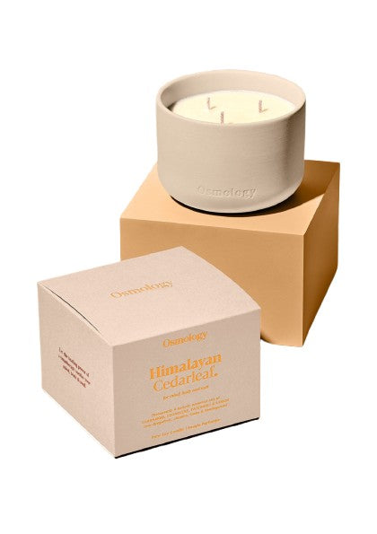 Candle in a beige container with a matching box on a white background