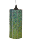 Cylindrical pendant light with green and blue beaded design on a white background