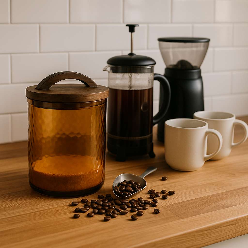 Coffee-making setup with a canister, French press, grinder, and mugs on a wooden surface.