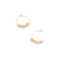 One inch gold plated wire hoops with a hook and loop closure hold 3 white crystal flowers with gold bead centers displayed on a white background.