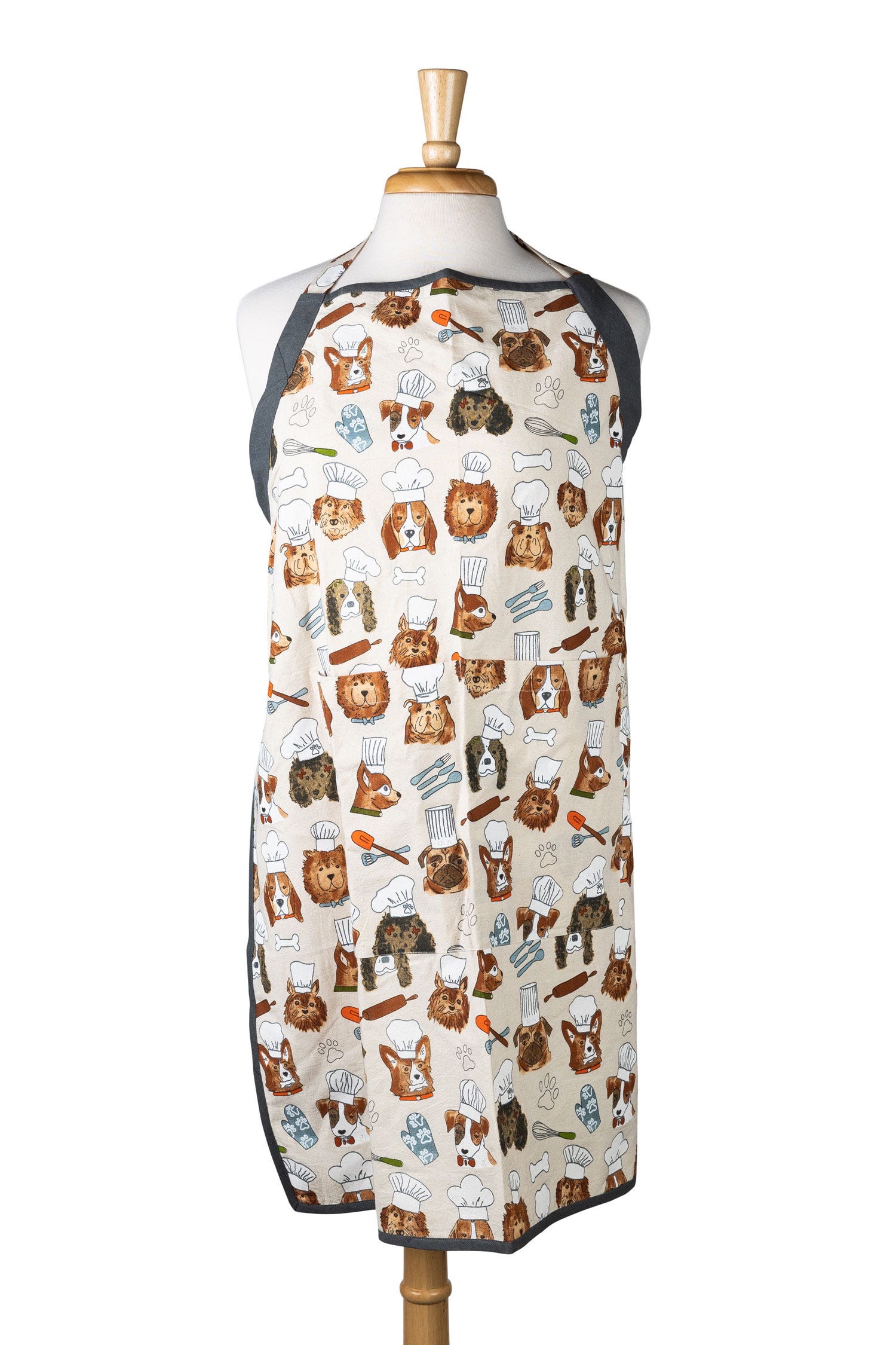 Apron with dog pattern on a mannequin against a white background