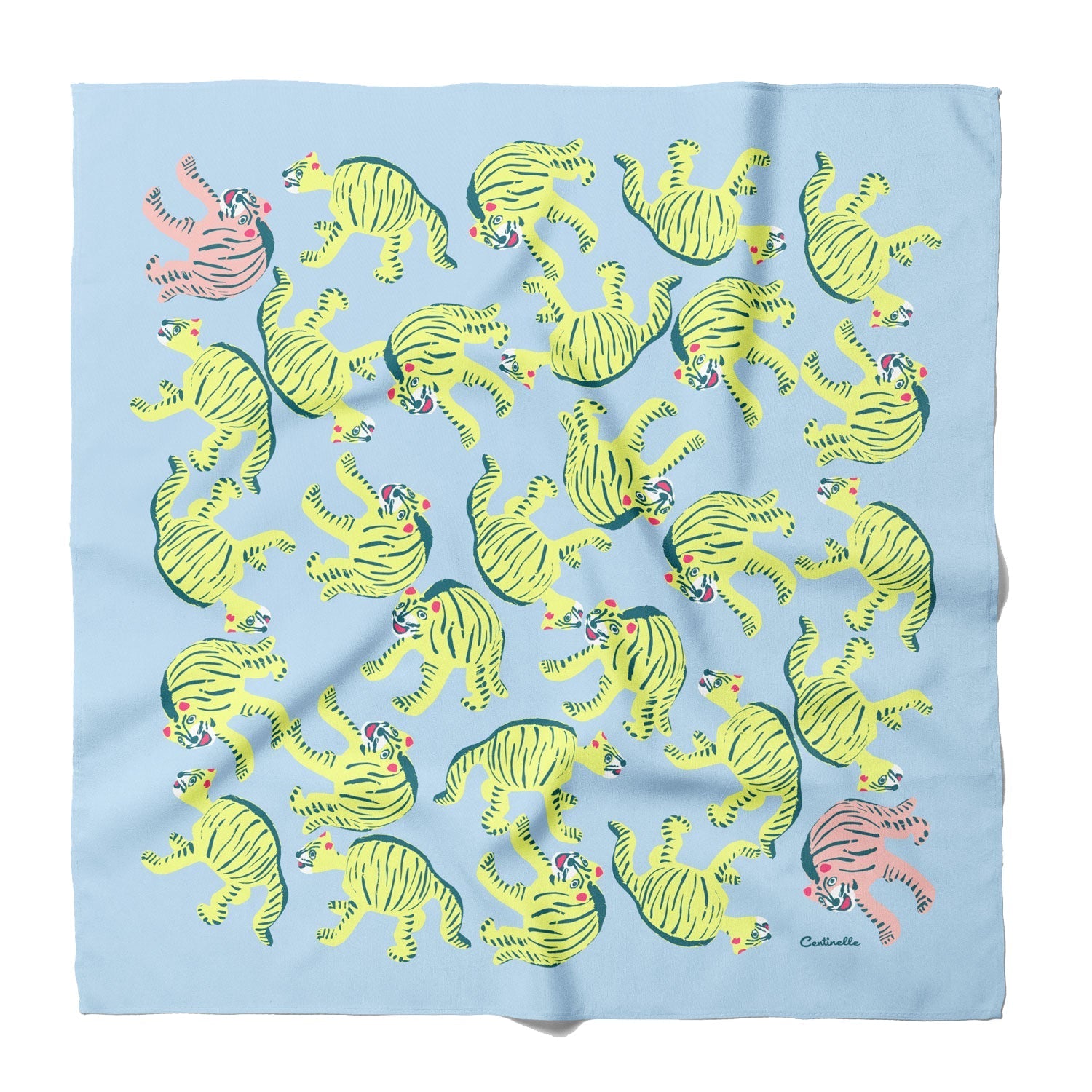 Silk bandana with green and pink tiger pattern on a light blue background