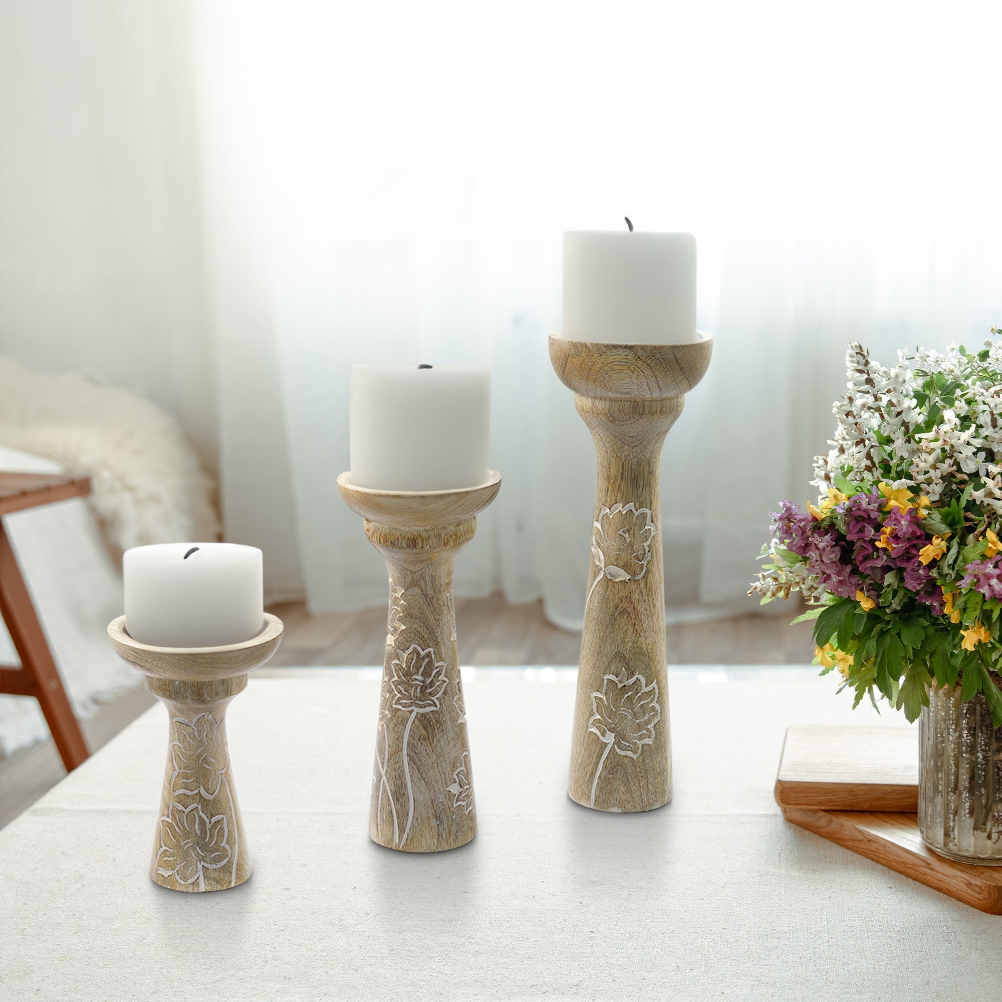 Floral Vine Mango Wood Candleholders - Set of 3
