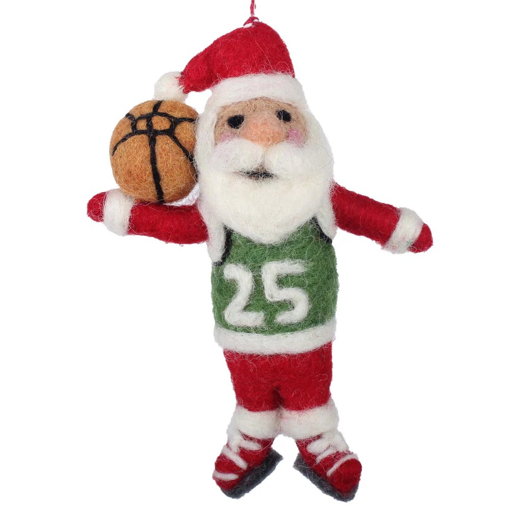 Santa Claus figurine wearing a green jersey with the number 25, holding a basketball on a white background.