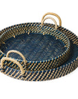 Set of two woven trays with handles on a white background