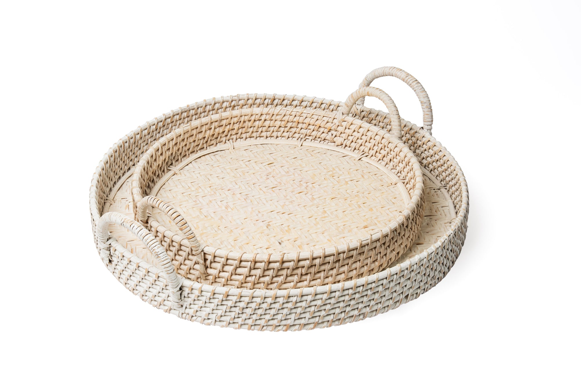 Set of two woven baskets with handles on a white background