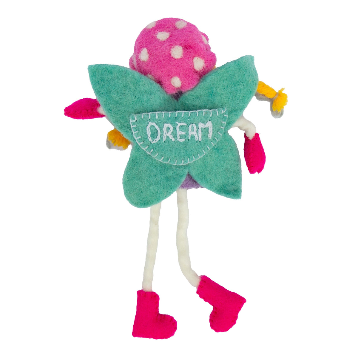 Back of the blonde mushroom bonnet tooth fairy pillow showing turquoise wings and a small pocket embroidered Dream.