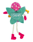 Back of the blonde mushroom bonnet tooth fairy pillow showing turquoise wings and a small pocket embroidered Dream.