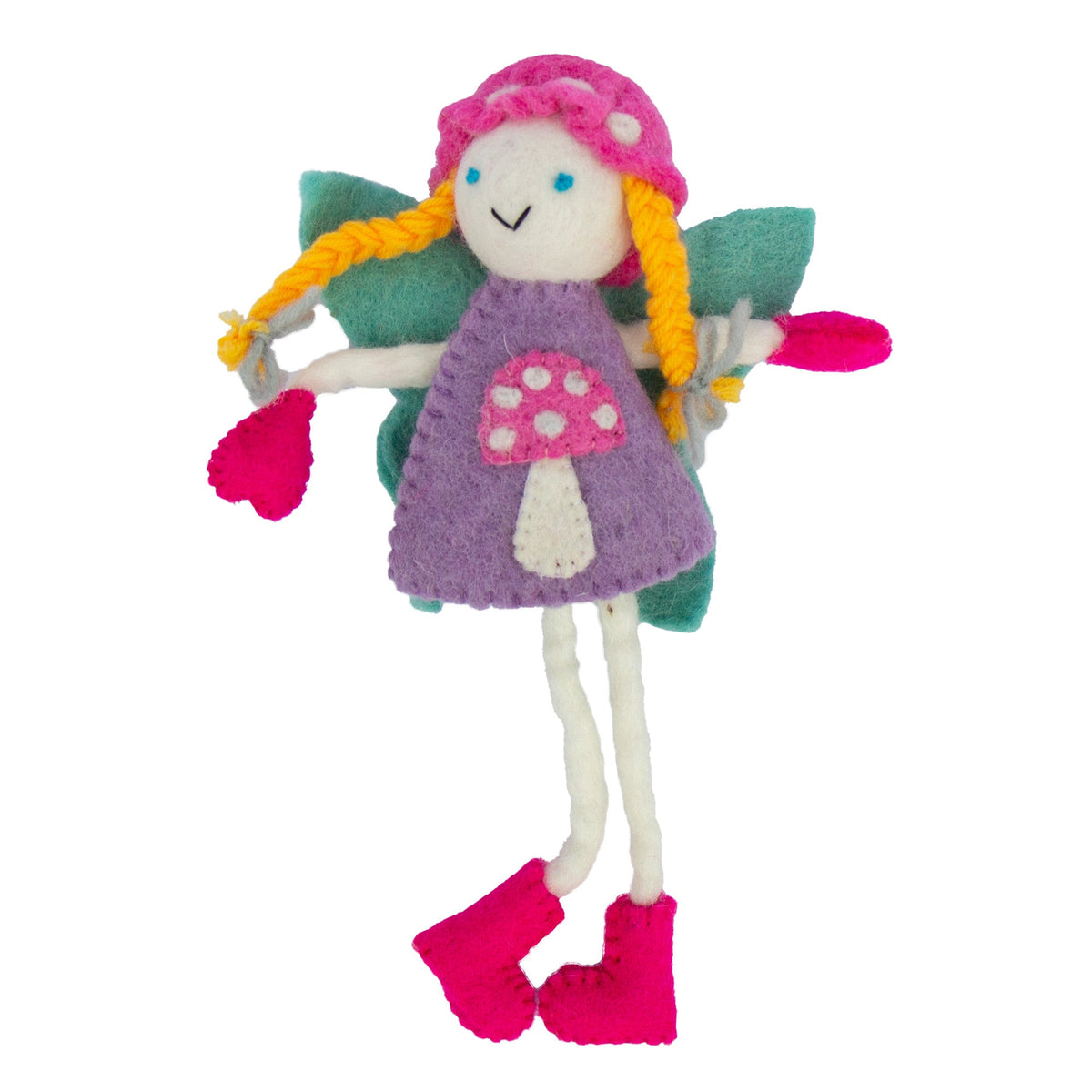 Front view of a blonde felt tooth fairy pillow with a pink mushroom bonnet, purple dress, and turquoise wings.