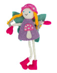 Front view of a blonde felt tooth fairy pillow with a pink mushroom bonnet, purple dress, and turquoise wings.