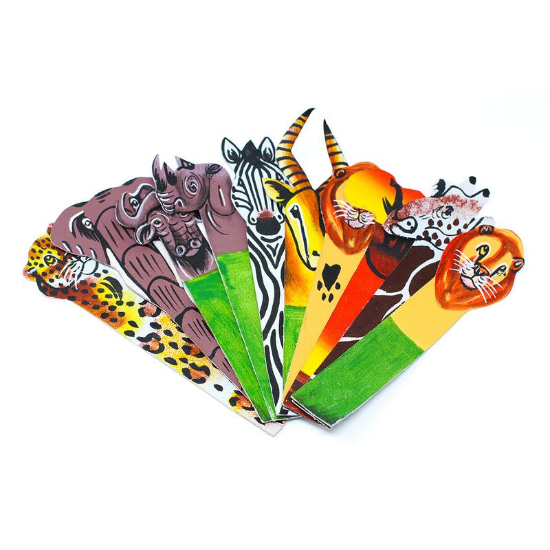 Colorful animal-themed bookmarks arranged in a fan shape on a white background