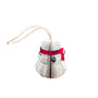 Decorative paper snowman ornament with a red band and black button on a white background