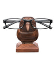 A handcrafted Indian rosewood eyeglass stand shaped like a house sparrow perched on a base.
