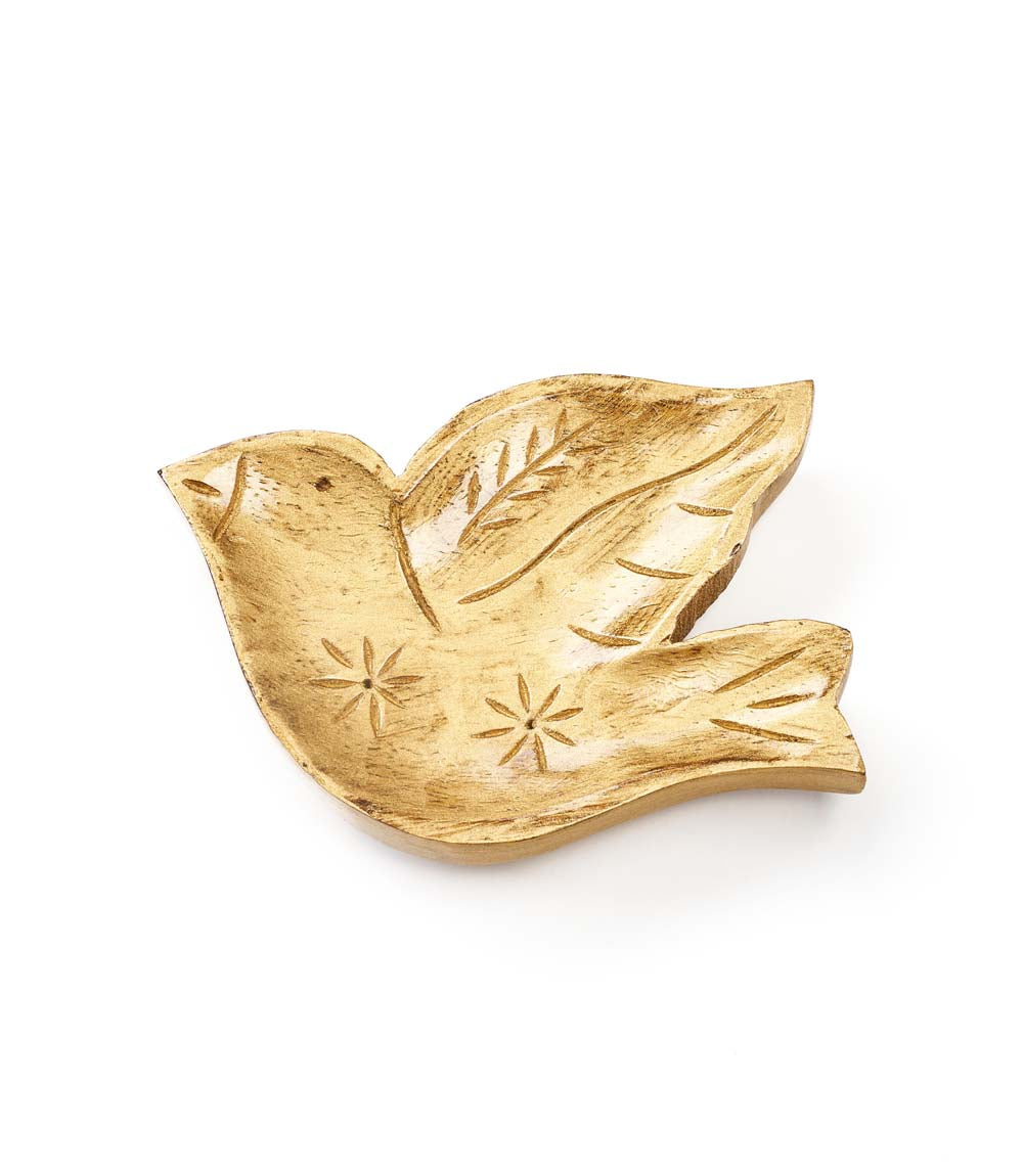 Gold bird-shaped wooden decorative item on a white background