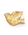 Gold bird-shaped wooden decorative item on a white background