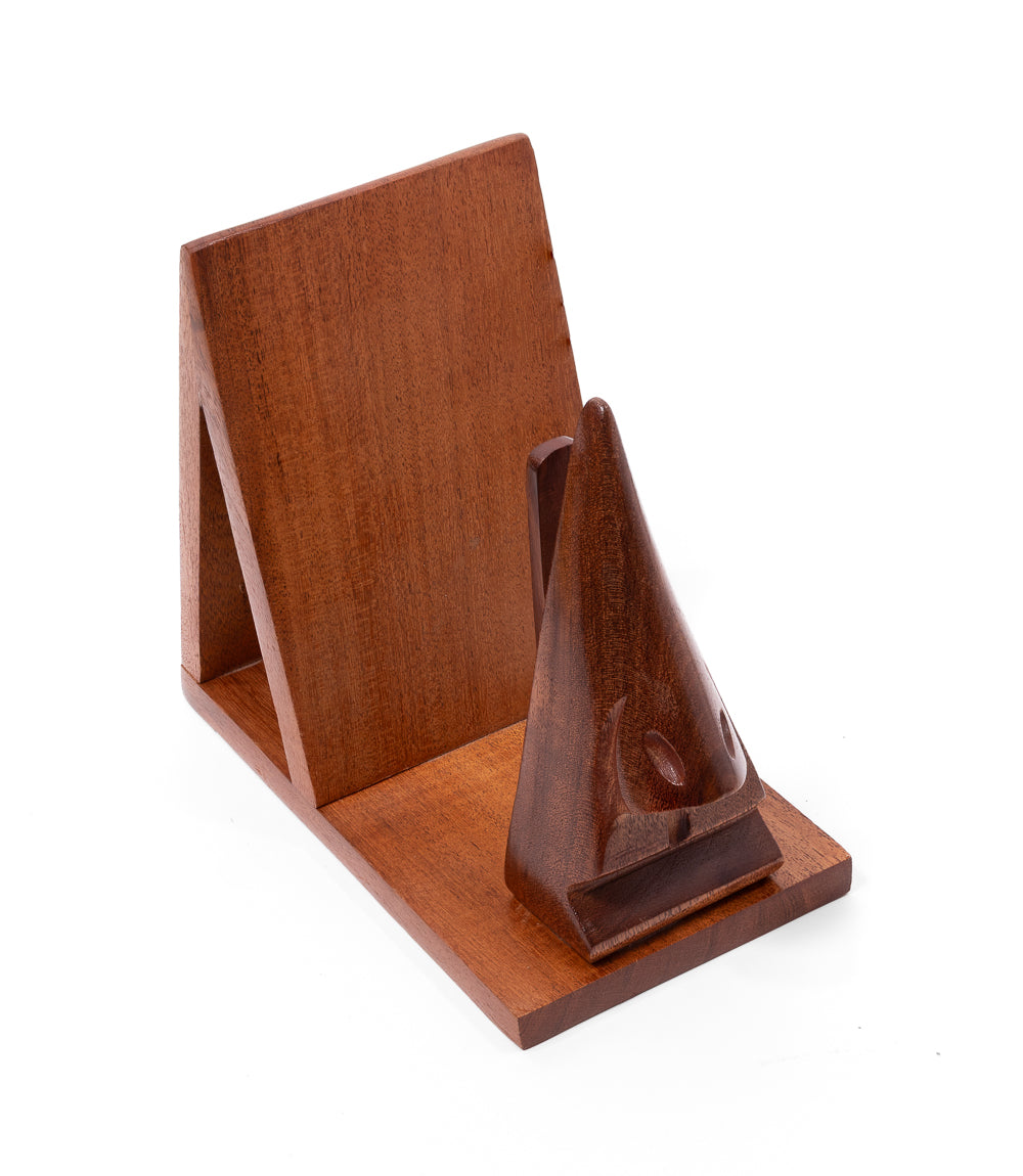 Wooden book holder with a cone-shaped glasses holder on a white background