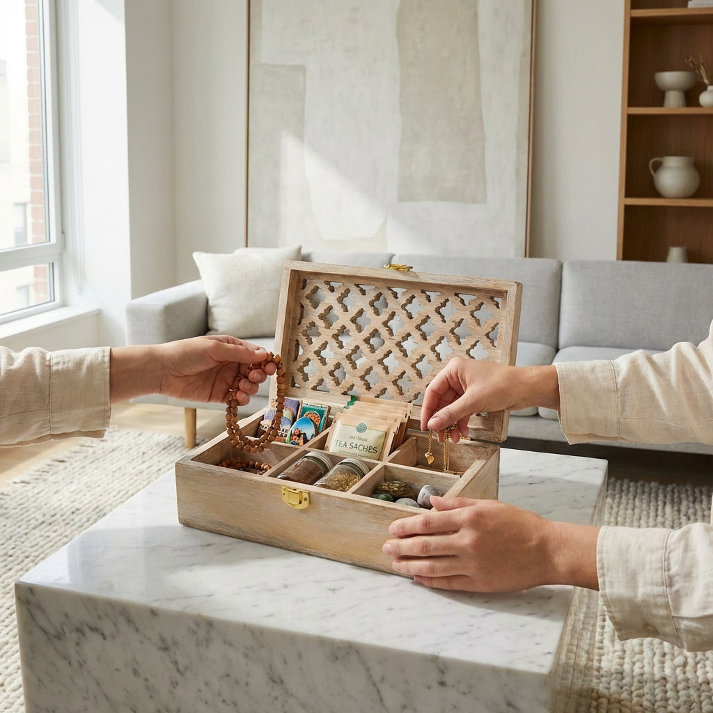 Mango Wood Trellis Keepsake Box with Compartments