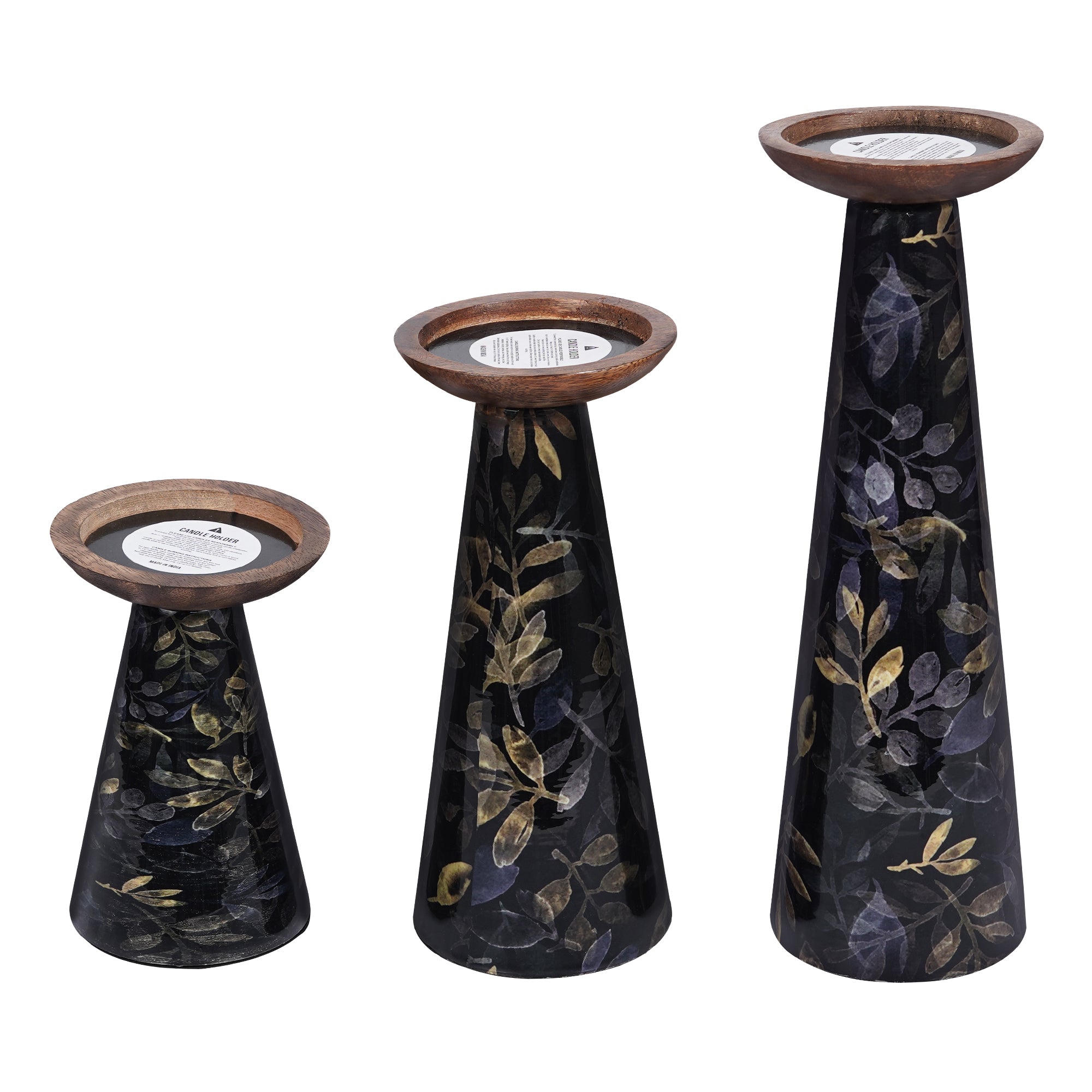 Moody Floral Mango Wood Pillar Candleholders – Set of 3