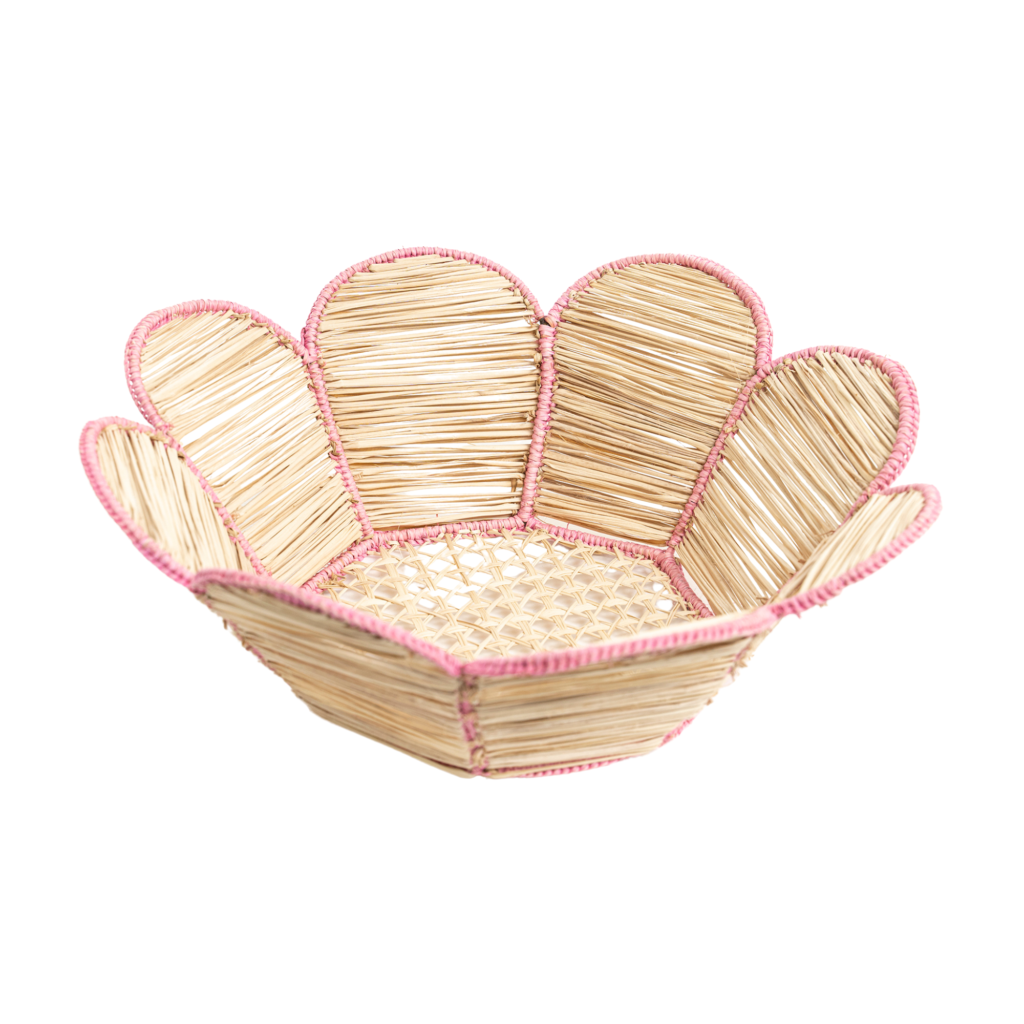 Woven basket with pink rim on a white background
