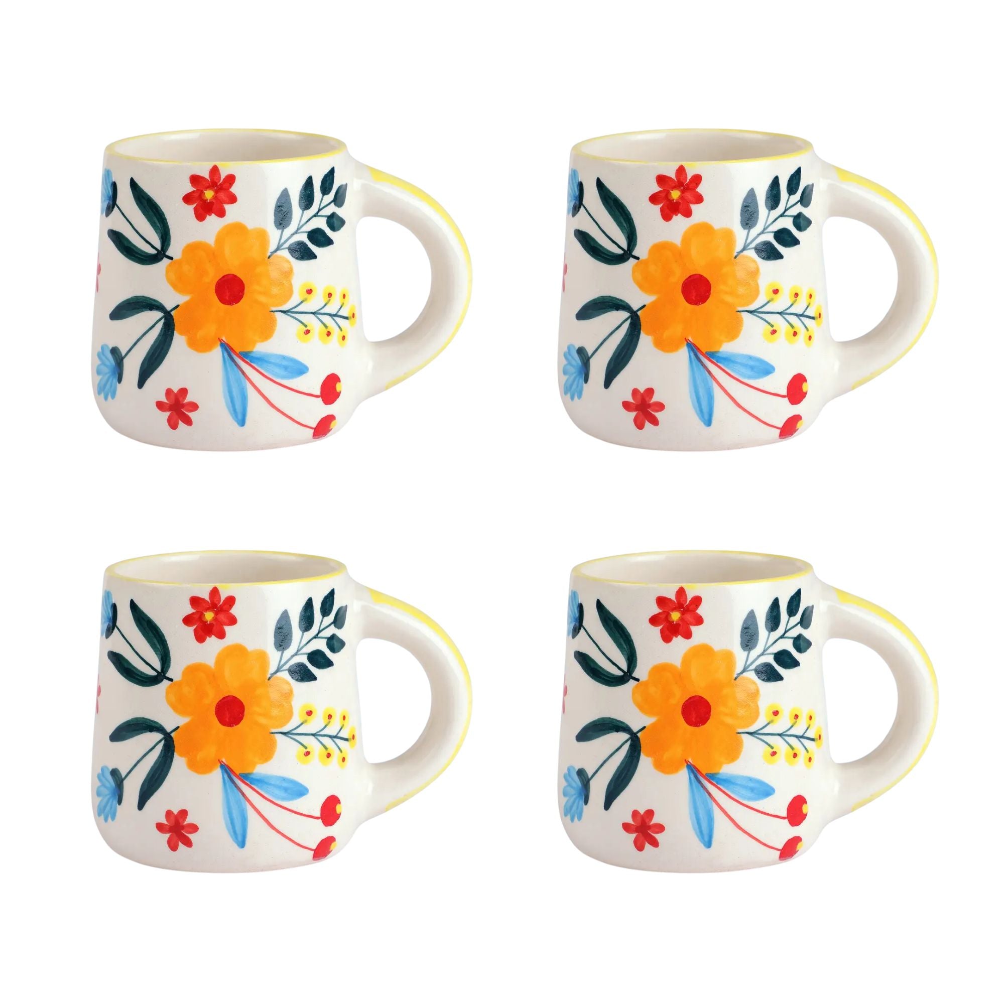 Four floral mugs with orange flowers and blue and red accents on a white background