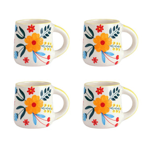 Four floral mugs with orange flowers and blue and red accents on a white background